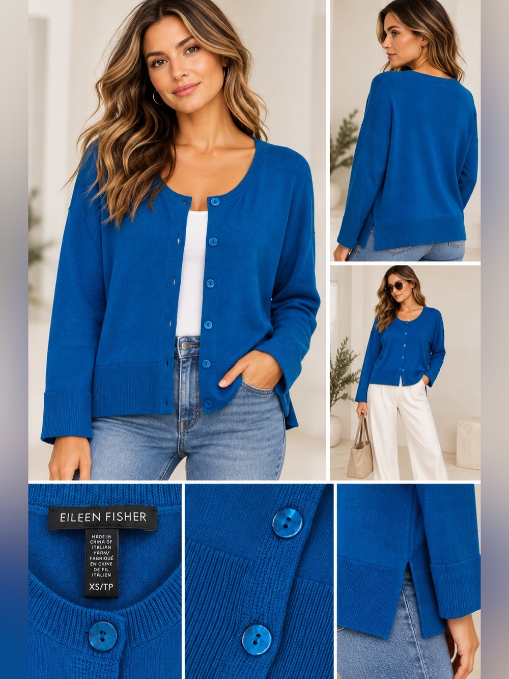 Eileen Fisher XS Blue 100% Merino Wool Button Front Cardigan Relaxed Fit